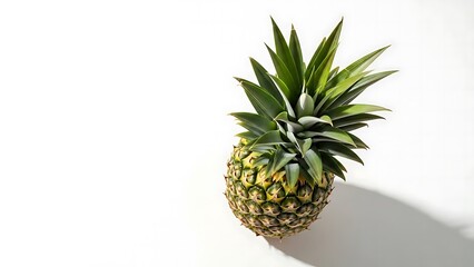 A single fresh whole tropical pineapple with a vibrant green crown, isolated on a clean white studio background creating a strong shadow with copy space