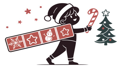 Festive holiday spirit with cheerful child celebrating Christmas with candy cane and cheerful seasonal banner