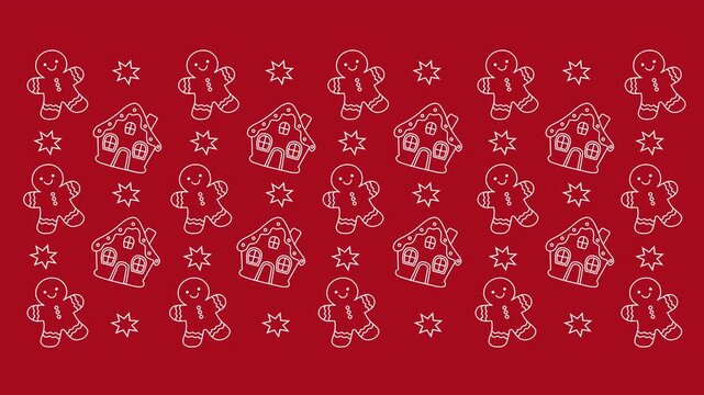 Seamless loop animation. Christmas pattern with gingerbread man, house and stars background.