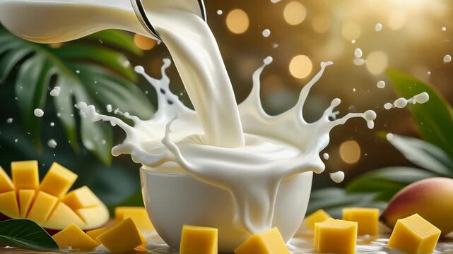  &ldquo;3D yogurt flow pouring from above, splashing into white ceramic cup, mango cubes floating