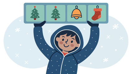 Joyful winter holiday spirit shown by child holding festive icons celebrating Christmas season fun and celebration