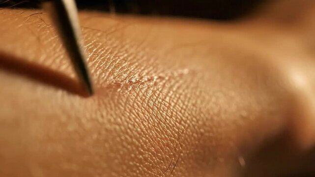 Macro view of a tweezer removing a small splinter from human skin showing texture and detail under warm lighting