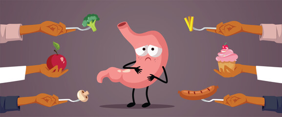 Unhappy Stomach Being Overfed Vector Cartoon Illustration. Family giving to much food on holidays making the stomach upset with indigestion

