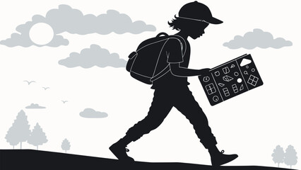 Adventurous young explorer hiking with backpack, reading a map in nature, ready for outdoor challenge