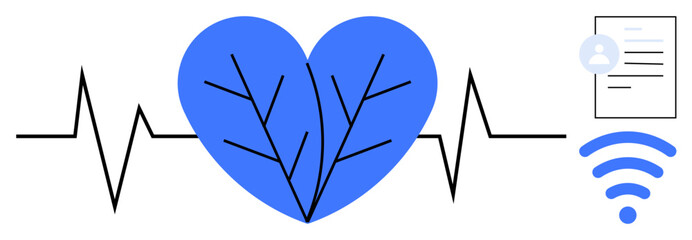 Blue heart with branching lines, ECG waveform, document icon, and wireless symbol portrays medical care, online health records, telemedicine, connectivity, technology, patient monitoring simple flat
