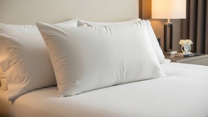 A close-up shot of a comfortable white pillow on a neatly made bed