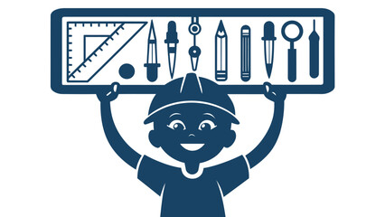 Happy engineer holding drafting tools, representing precision, construction, and design professions icons