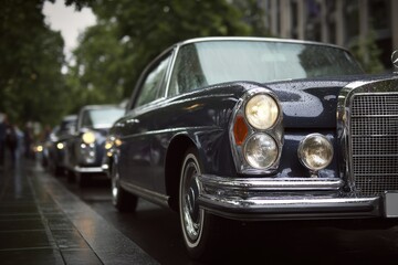 Fototapeta premium Vintage luxury cars parade on a rainy day showcasing classic designs and timeless elegance in a bustling city street