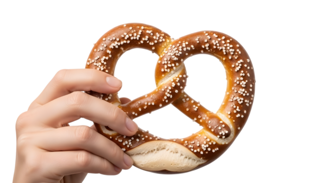 Hand holding a delicious pretzel against a black background