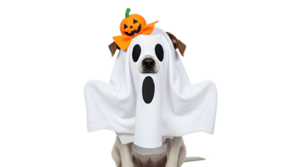 Funny Labrador dog wearing a spooky ghost costume and pumpkin accessory for Halloween. isolated PNG with Transparent Background