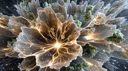 luxury icy glow fine art texture Abstract floral design with glowing effects. macro frozen crystal sculpture detail blue luminous ice abstract background