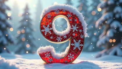 Greeting card with the number nine in a winter environment with snowflakes and colored glass, the birthday concept for those who were born on the ninth in winter
