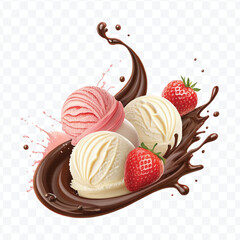 realistic swirling creamy vanilla and strawberry ice cream scoops with chocolate splash in different style isolated on transparent background