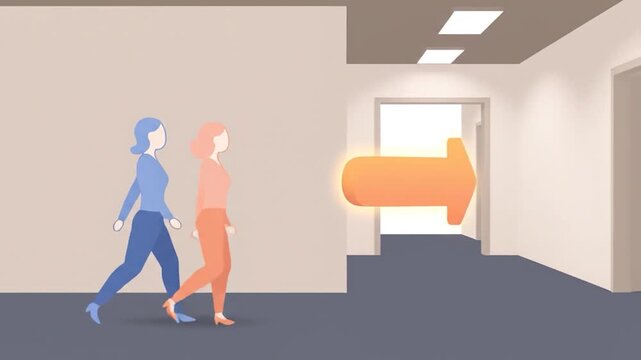 Two women walking in a hallway with a glowing orange arrow pointing towards a doorway, indicating direction or a path forward.