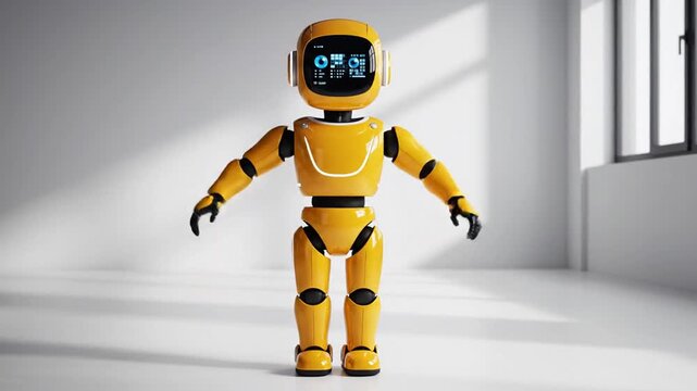 Orange Robot Stands With Arms Outspread in Bright Studio with Soft Sunlight Creating Shadows on White Floor