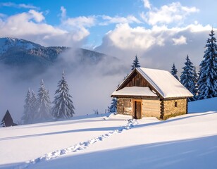 Naklejka premium Snowy scene of a quaint wooden cabin in a mountain landscape