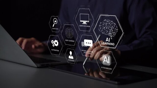 AI learning system involves deep learning, supervised machine learning, and natural language processing. AI learning diagram shows how AI advances learn in automation and data processing. Muxer