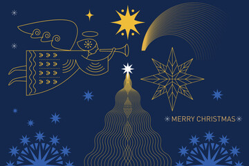 Obraz premium Christmas card. Christmas Angel with Horn . Christmas Angel Blowing Trumpet . Greeting card. Horizontal Merry Christmas card, banner and poster design.