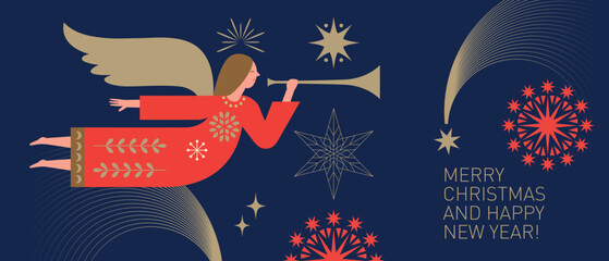 Obraz premium Christmas card. Christmas Angel with Horn . Christmas Angel Blowing Trumpet . Greeting card. Horizontal Merry Christmas card, banner and poster design.