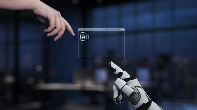 A futuristic scene showcasing a robotic hand interacting with a transparent digital interface. The setting emphasizes artificial intelligence and modern technology in a contemporary office. Synapse - Powered by Adobe