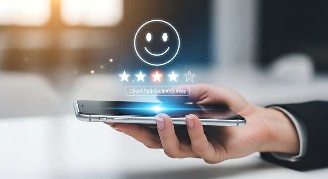 Customer satisfaction survey with happy face and five star rating on smartphone screen