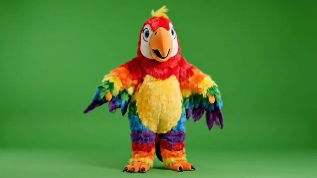 Vibrant Rainbow Macaw Costume Mascot Dancing Merrily Against a Bright Green Screen Background with Soft Studio Lighting