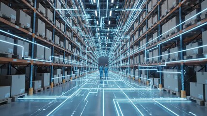 Two warehouse worker standing in aisle with hightech blue digital data flow overlaying storage rack system - Powered by Adobe