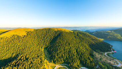 Bolu, Turkey. Abant - Large freshwater lake surrounded by mountains and forest with picturesque views. Sunset time. Summer landscape. Aerial view