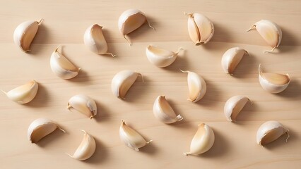Fresh Garlic Cloves A Culinary Delight on a Wooden Surface in Overhead View