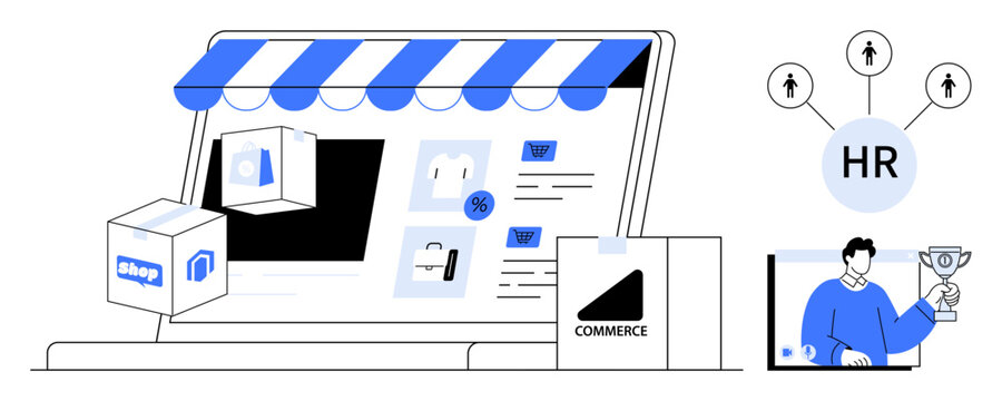 Online store interface with delivery packages, HR network diagram, and award recognition. Ideal for business, e-commerce, HR, logistics, recruitment, digital marketing entrepreneurship