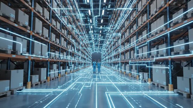 Two warehouse worker standing in aisle with hightech blue digital data flow overlaying storage rack system - Powered by Adobe