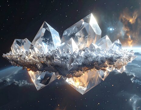 Sparkling crystal cluster floating in cosmic space, ethereal display