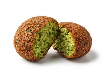 Delicious falafel balls one halved showing inside ingredients on isolated on white background