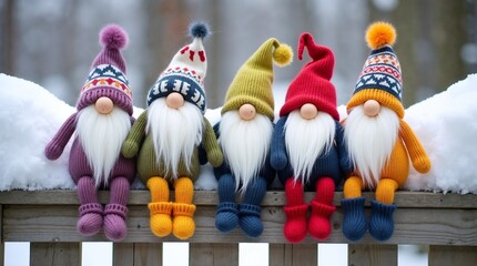 Row of five colorful knitted gnomes with long white beards sitting on snowy wooden fence for winter holiday and Christmas greeting cards