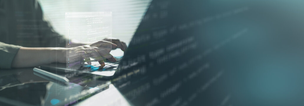 software, development, programmer, coding, A programmer typing on a laptop with code displayed on screen, representing software development, coding workflow, and application engineering.