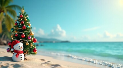 Snowman wearing red Santa hat and scarf standing beside decorated Christmas tree on sandy beach with turquoise ocean for tropical holiday travel concepts