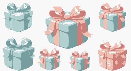 Set of eight minimalist line art Christmas trees with falling snowflakes, perfect for winter holiday designs and festive decorations.