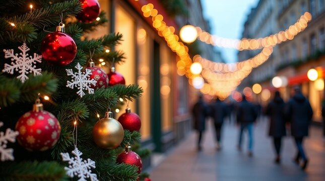 Christmas tree branch with red baubles and white snowflakes against blurred city street lights and walking pedestrians for festive holiday background