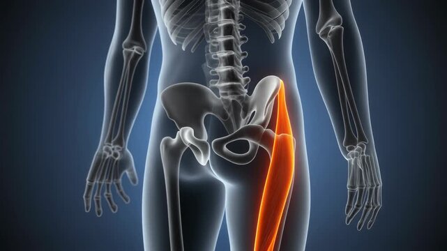 Human anatomy animation showing the femur bone highlighted in glowing orange within the skeleton of a translucent man against a dark blue background