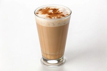 Creamy chai latte served in a tall glass, topped with cinnamon spice, warm and aromatic beverage, perfect for cozy cafes, relaxation, indulgence, breakfast, and afternoon enjoyment.