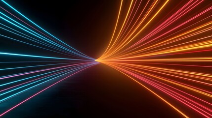 Abstract dark scene features converging streaks of light, with cool blue-toned lines meeting warm orange-red lines, creating a futuristic, visually striking effect.
