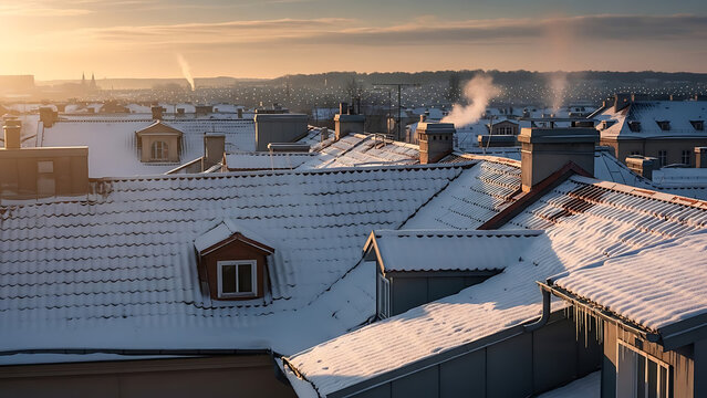 A scenic view of a historic city with snow-covered roofs glowing in the warm light of a winter dawn - Powered by Adobe