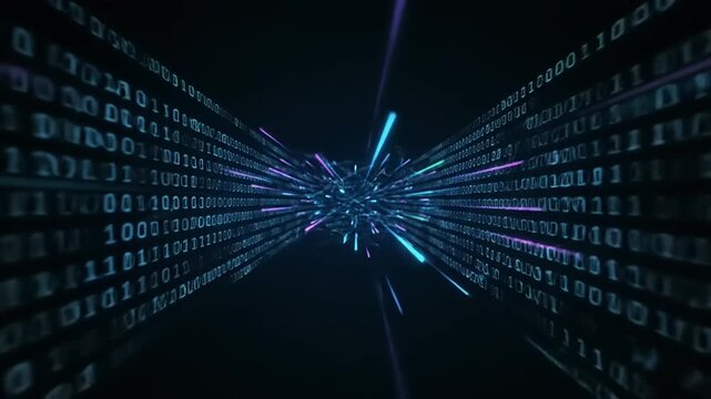 Digital information stream with binary code in a futuristic and abstract technological concept