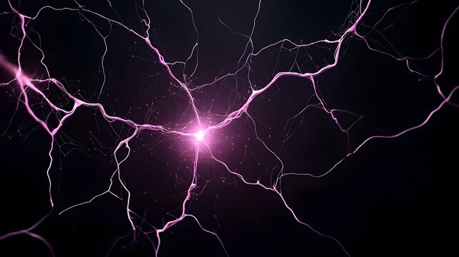 The image showcases an abstract design with a central bright pink burst, extending into branching lines that resemble stylized lightning or neural pathways against a dark background.