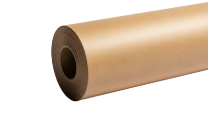 Eco inspired brown wrapping paper roll with smooth natural texture, minimal packaging supply isolated on white and transparent background, PNG professional stock image