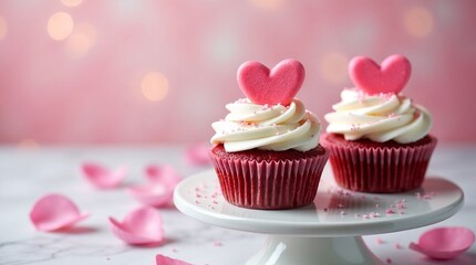Two red cupcakes with white frosting and pink heart toppers on a white stand surrounded by rose petals against a bokeh background, ideal for Valentine's Day or romantic celebrations