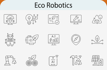 eco robotics icon set, sustainable ai technology line vector design