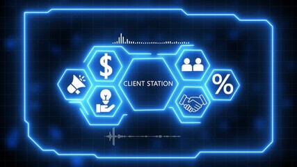 CLIENT STATION Hologram Futuristic Interface.Business,Technology, Internet and network concept. Digital. Customer relationship management concept. Social media, digital online,customers. Businessman. - Powered by Adobe