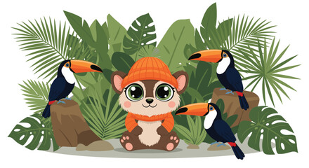 Fototapeta premium Cute cartoon squirrel wearing a hat and scarf surrounded by toucans in a jungle setting.