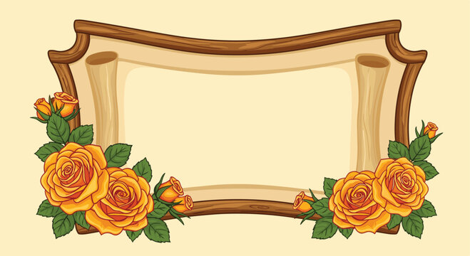 Decorative frame with yellow roses and a parchment-like banner.